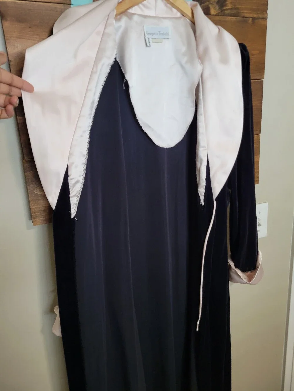 Vintage 80s Pink Satin Trim Black Velvet Old Hollywood Long Robe Medium